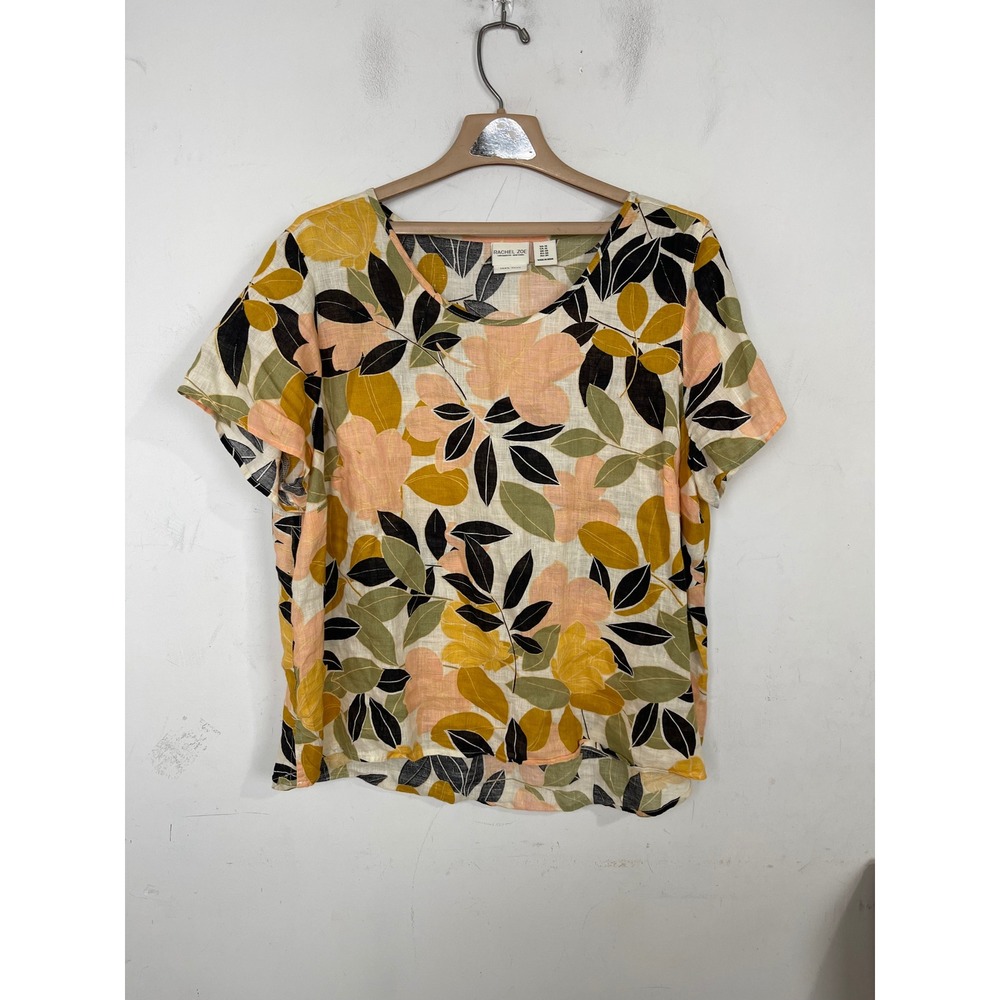 Rachel‎ Zoe Womens 1X Linen Floral Leaf Print Short Sleeve Blouse Mustard Peach